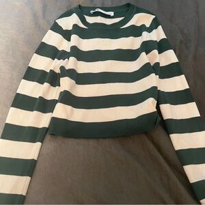 Zara Green and White Striped Crew Neck Sweater